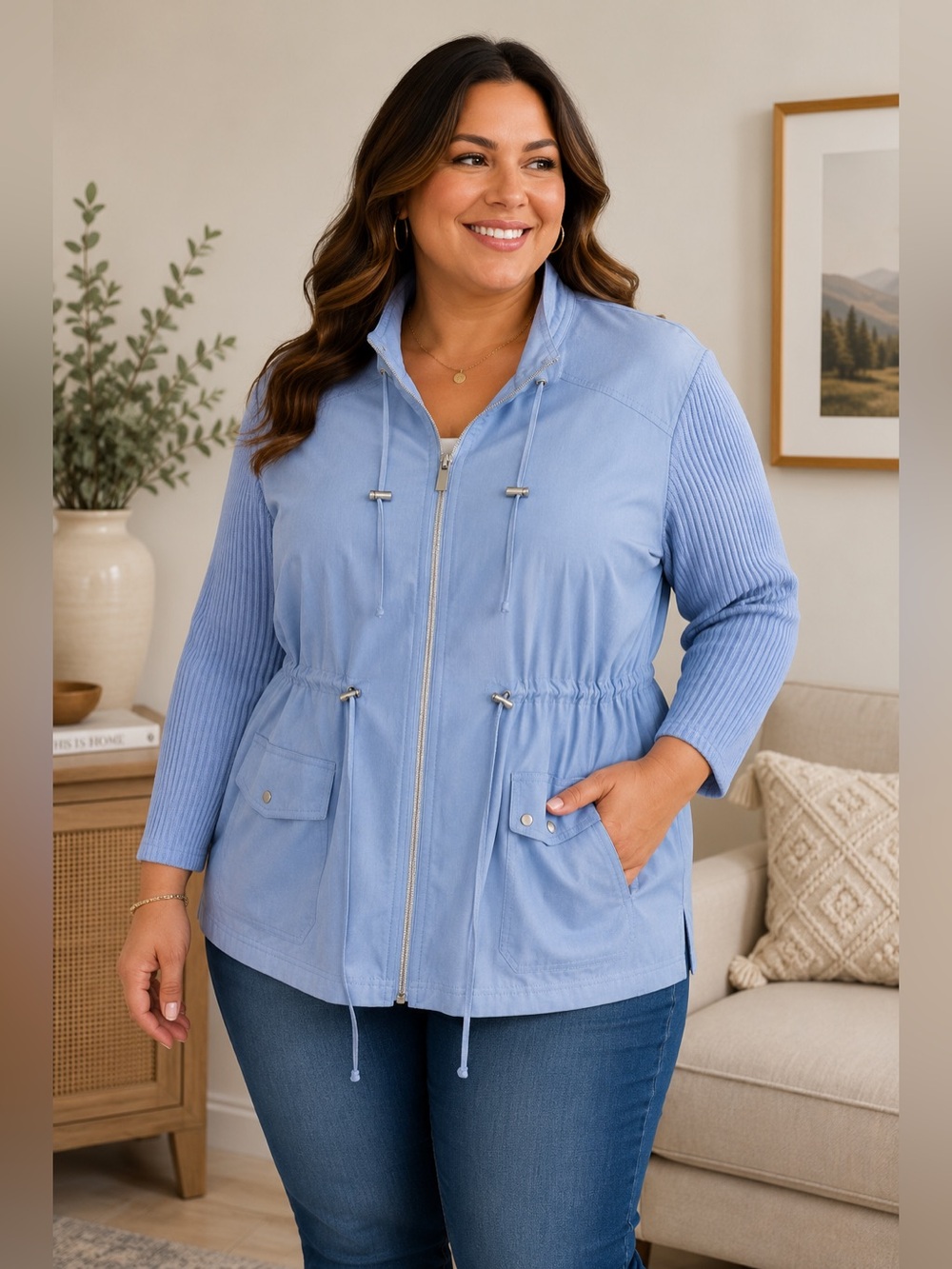 Chico’s Zenergy Blue Utility Jacket Rib Knit Sleeves Zip Front Size 4 XXL